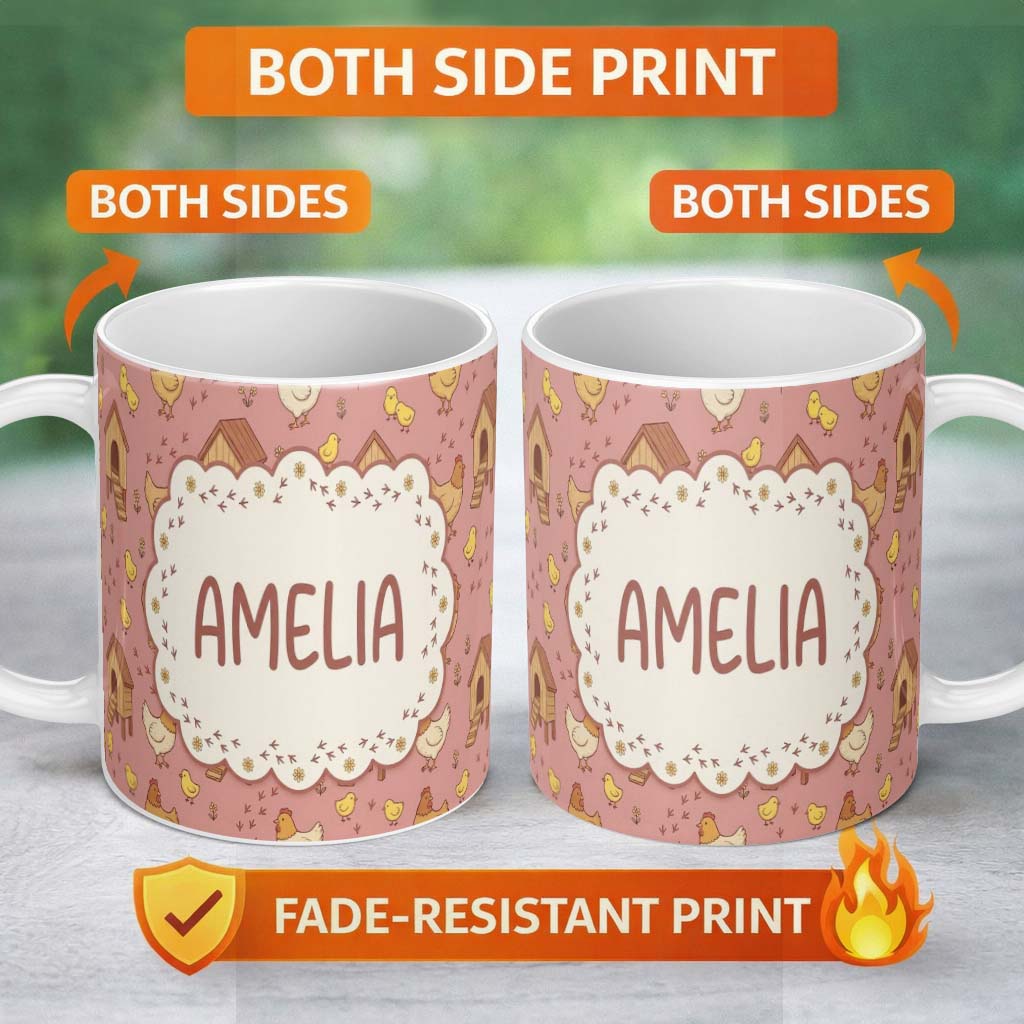 Personalized Custom Name Cute Baby Chick Hen Coop Farm Peach Background Seamless Pattern Name 11oz Ceramic Coffee Tea Mug White Large Handle