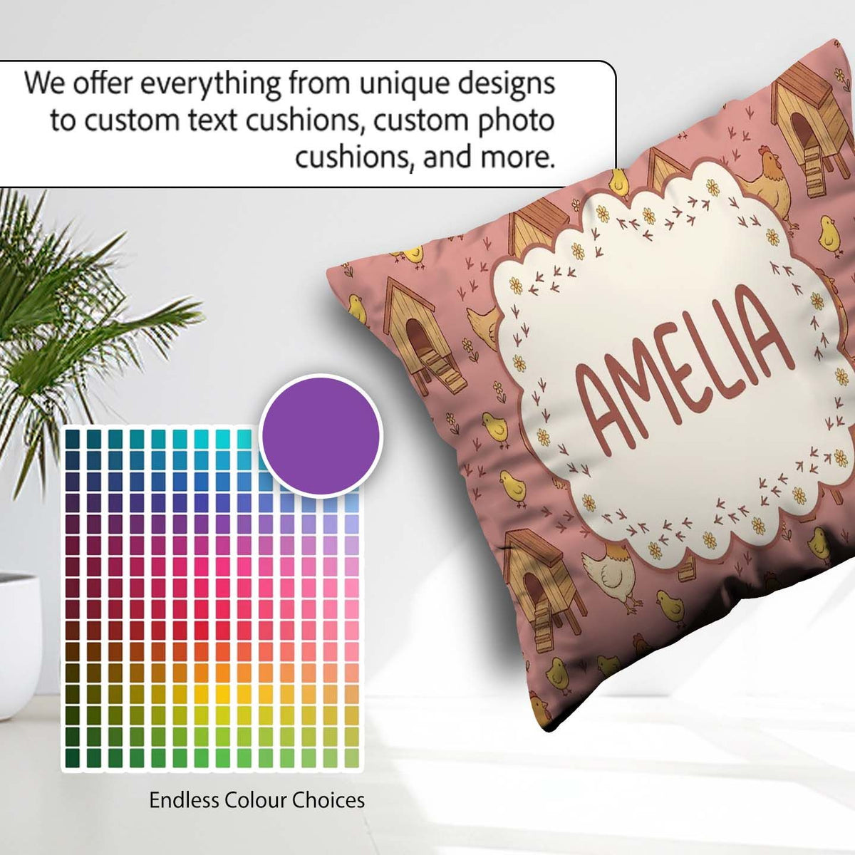 Custom Name Baby Chick Hen Coop Farm Peach Seamless Pattern Name Square Filled Cushion Throw Pillow Sofa Bed Home Decor Zip Washable UK Made