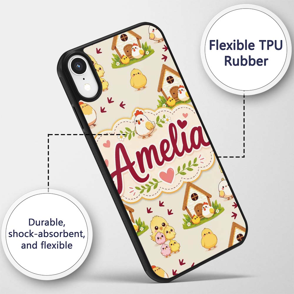Cute Baby Chick Hen Coop Farm Cream Background Custom Name Protective Phone Case Mobile Cover Durable Everyday Smartphone Shock Resistant