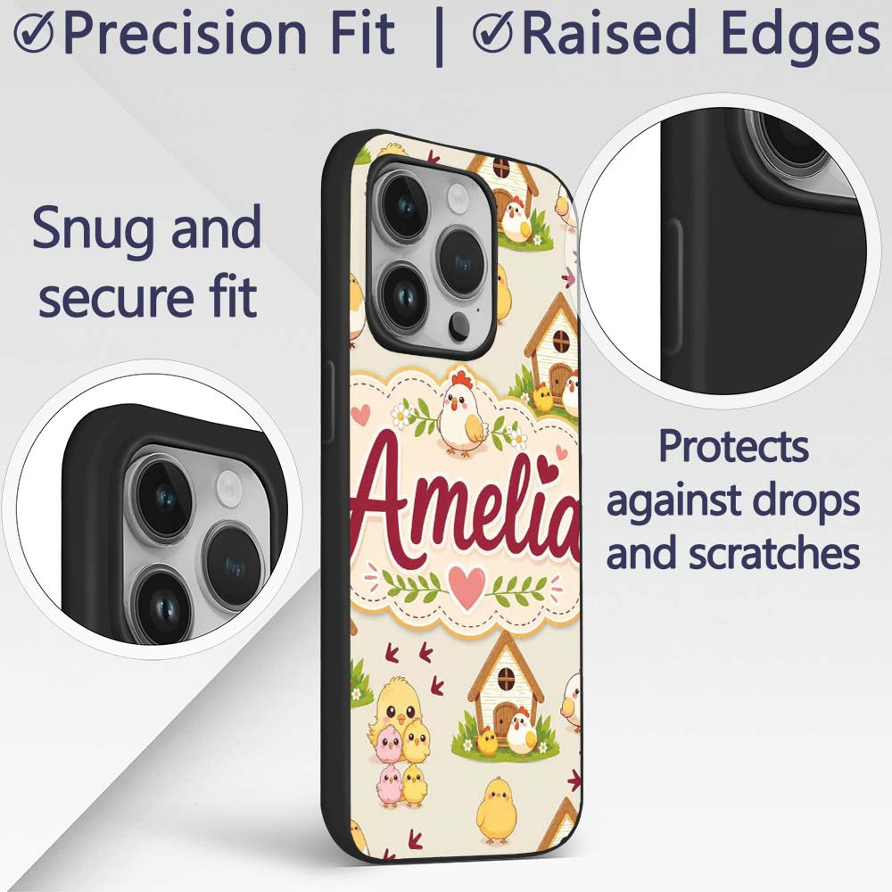 Cute Baby Chick Hen Coop Farm Cream Background Custom Name Protective Phone Case Mobile Cover Durable Everyday Smartphone Shock Resistant