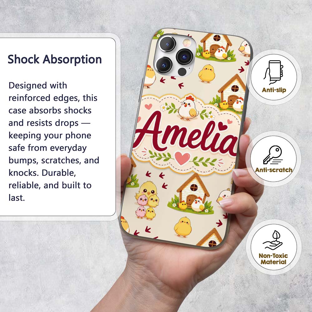 Cute Baby Chick Hen Coop Farm Cream Background Custom Name Protective Phone Case Mobile Cover Durable Everyday Smartphone Shock Resistant