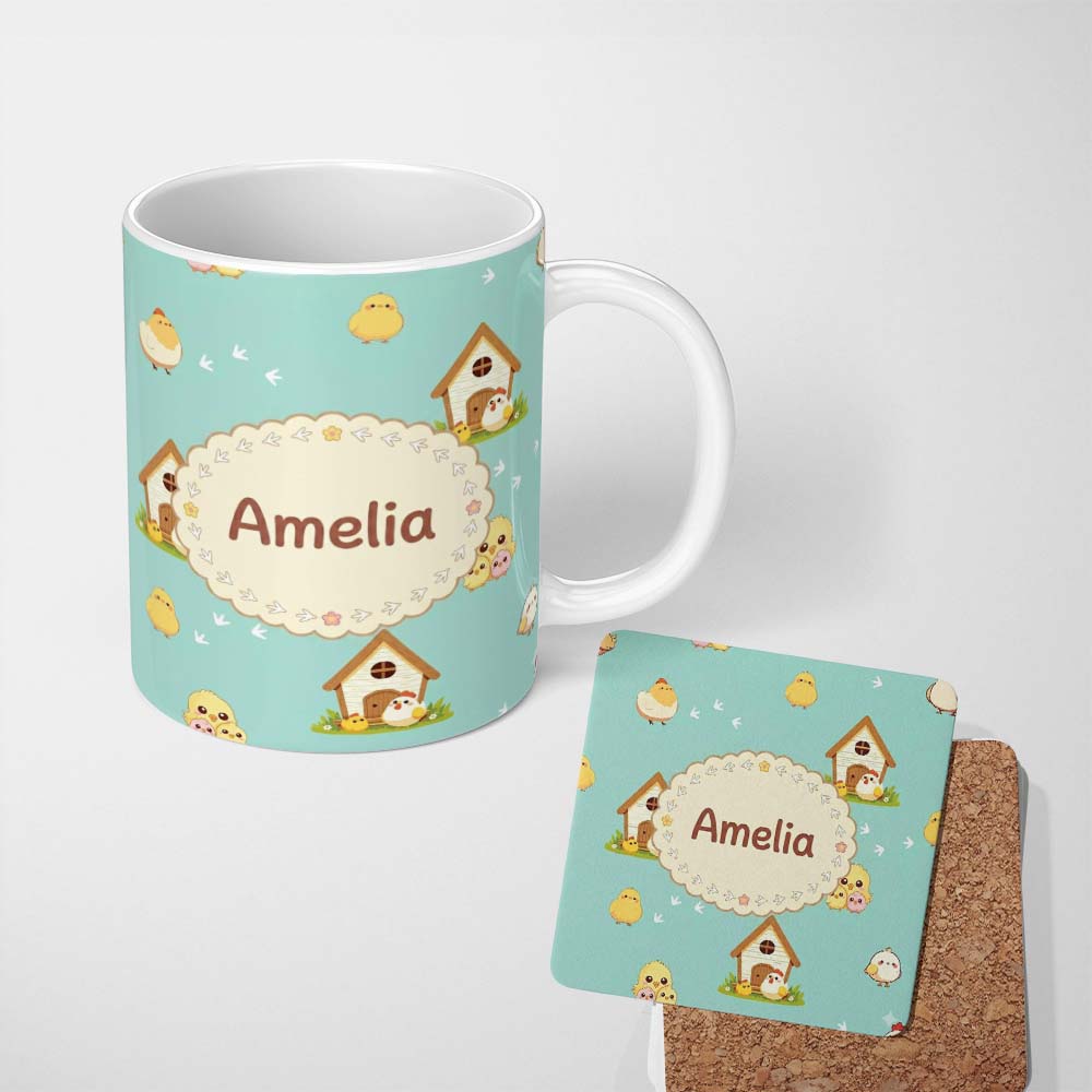 Personalized Custom Name Cute Baby Chick Hen Coop Farm Teal Background Seamless Pattern 11oz Ceramic Coffee Tea Mug White Large Handle