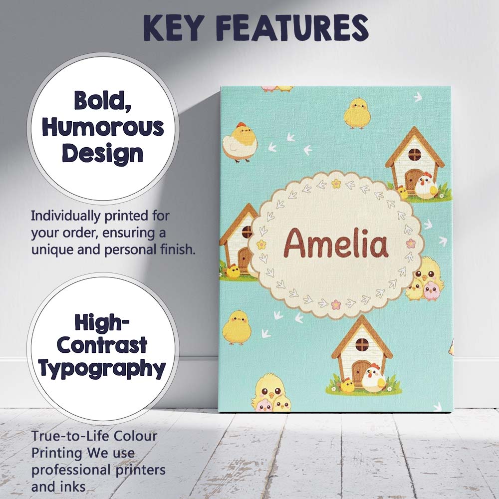 Personalised Name Cute Baby Chick Hen Coop Custom Unique Gift Idea Elegant Feature Canvas Wall Art Print Decor Picture Ready to Hang