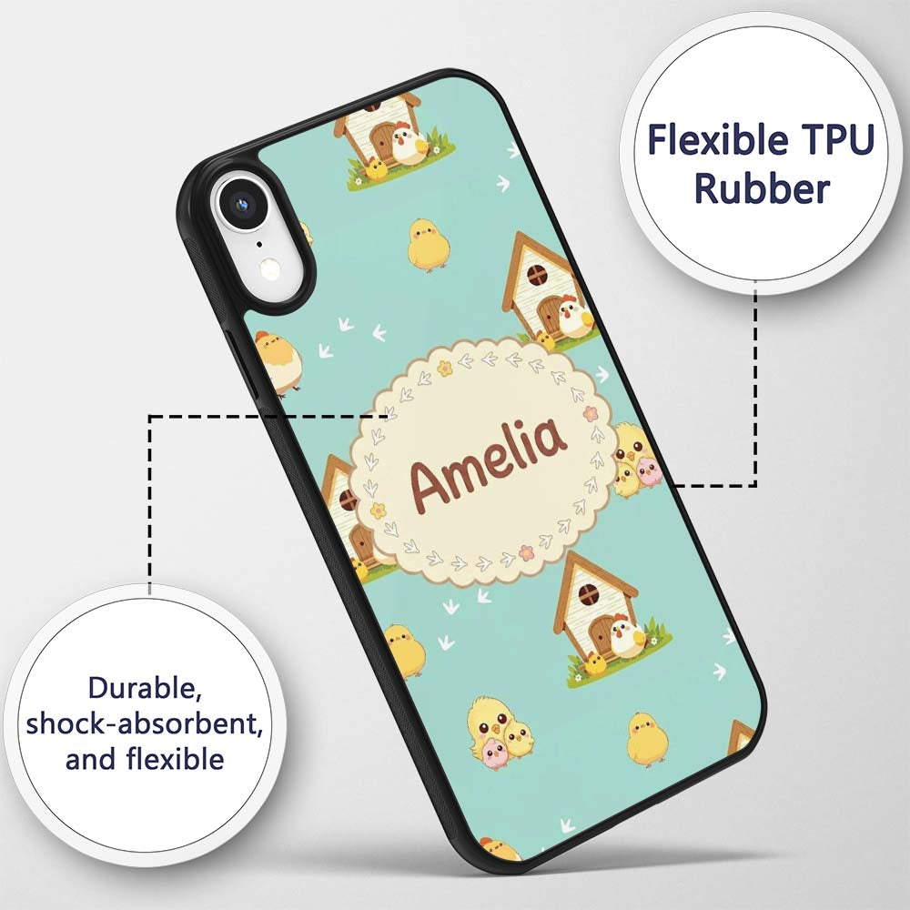 Cute Baby Chick Hen Coop Farm Teal Background Custom Name Protective Phone Case Mobile Cover Durable Everyday Smartphone Shock Resistant