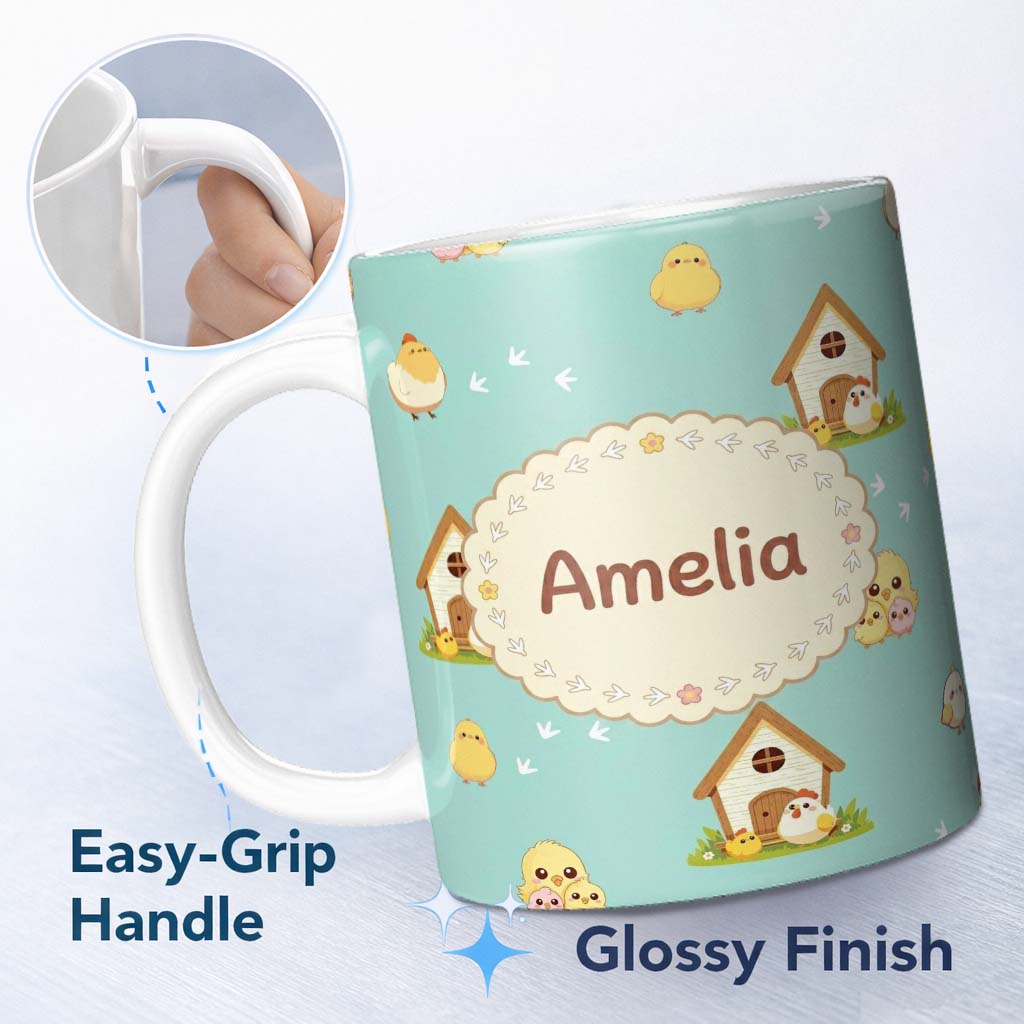 Personalized Custom Name Cute Baby Chick Hen Coop Farm Teal Background Seamless Pattern 11oz Ceramic Coffee Tea Mug White Large Handle