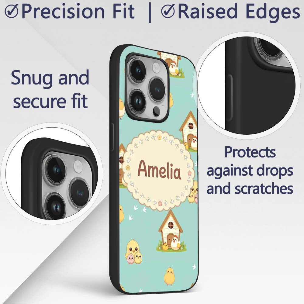 Cute Baby Chick Hen Coop Farm Teal Background Custom Name Protective Phone Case Mobile Cover Durable Everyday Smartphone Shock Resistant