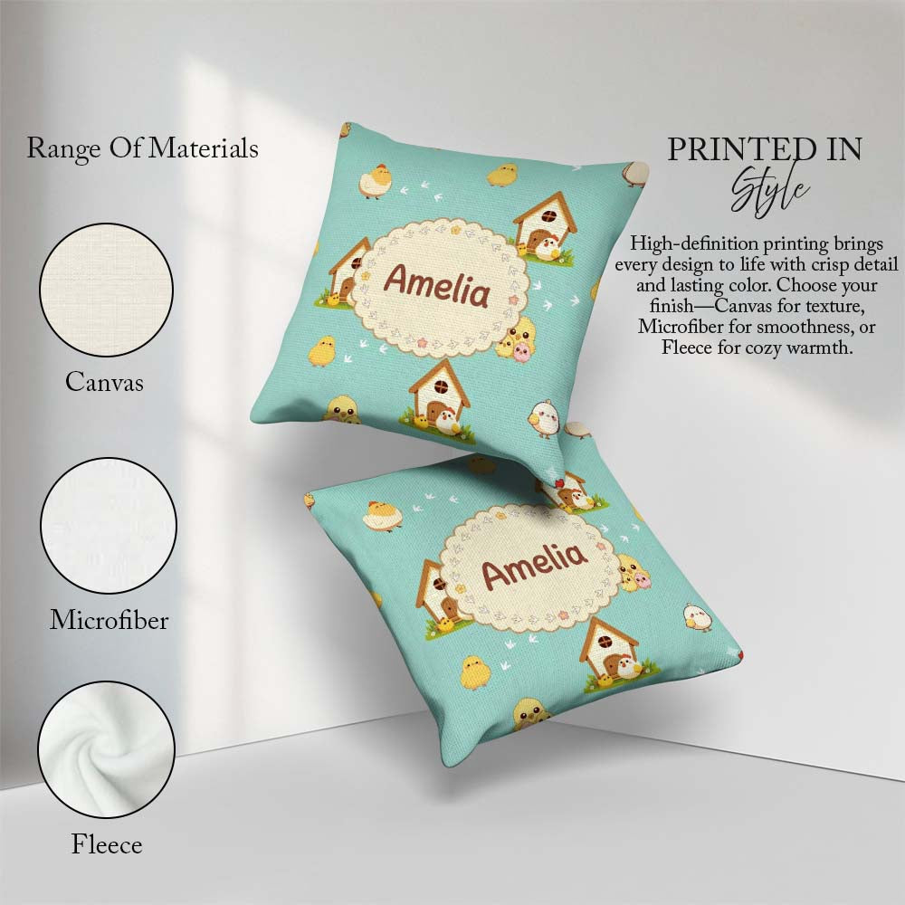 Custom Name Cute Baby Chick Hen Coop Farm Teal Seamless Pattern Square Filled Cushion Throw Pillow Sofa Bed Home Decor Zip Washable UK Made