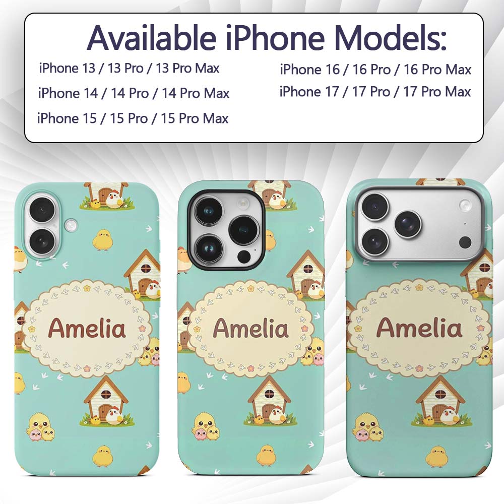 Cute Baby Chick Hen Coop Farm Teal Background Custom Name Protective Phone Case Mobile Cover Durable Everyday Smartphone Shock Resistant