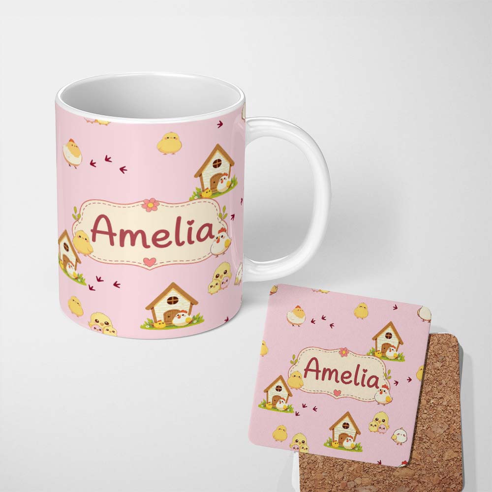 Personalized Custom Name Cute Baby Chick Hen Coop Farm Blush Pink Background Seamless 11oz Ceramic Coffee Tea Mug White Large Handle