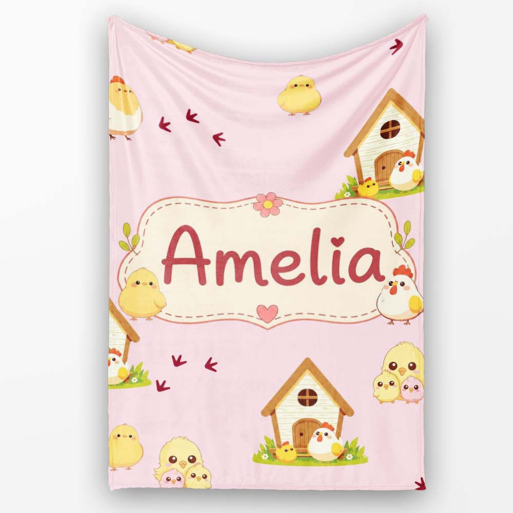 Cute Baby Chick Hen Coop Farm Blush Pink Background Seamless Personalised Custom Name Super Soft Fleece Blanket Bed Sofa Throw