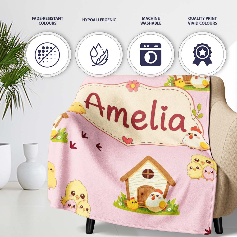Cute Baby Chick Hen Coop Farm Blush Pink Background Seamless Personalised Custom Name Super Soft Fleece Blanket Bed Sofa Throw