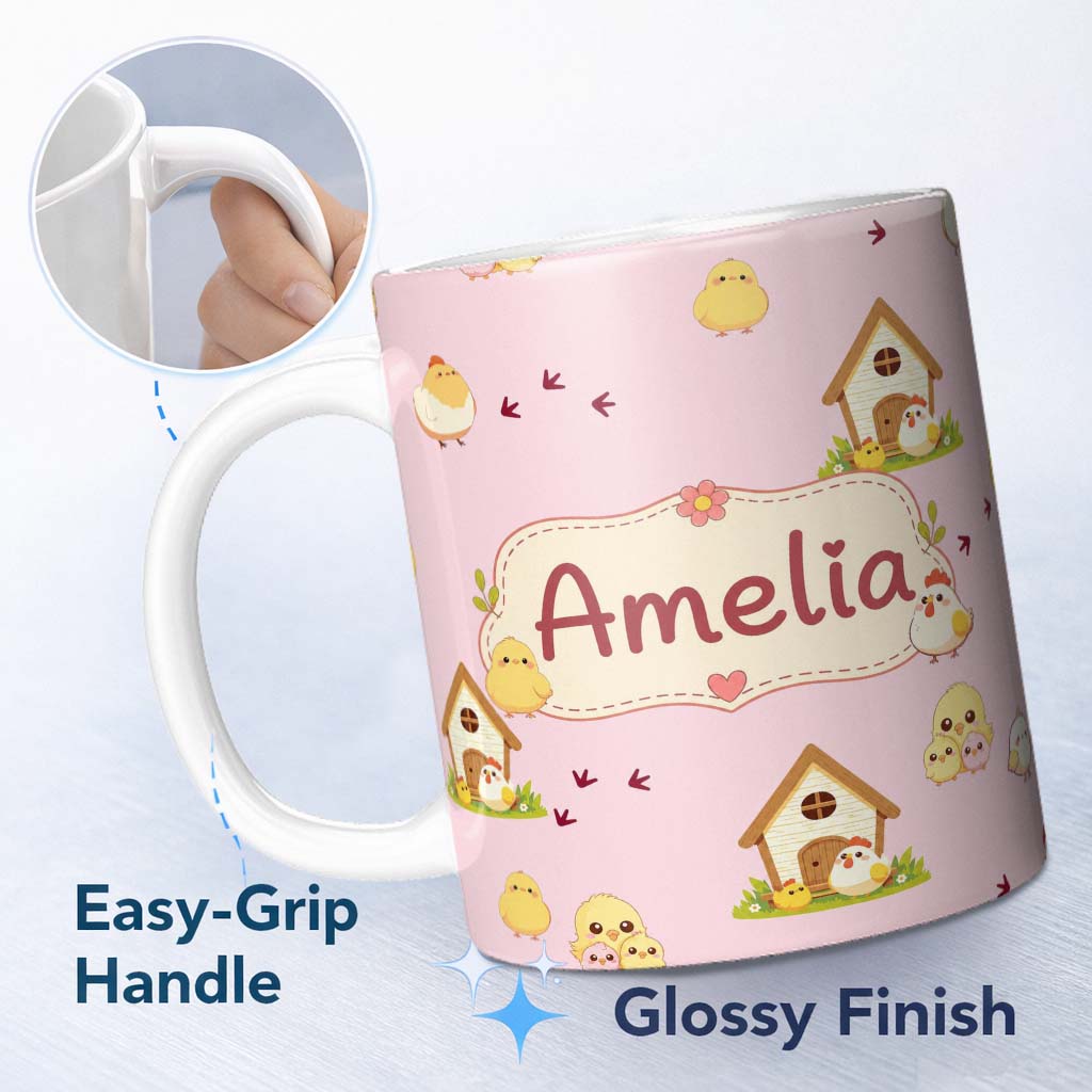 Personalized Custom Name Cute Baby Chick Hen Coop Farm Blush Pink Background Seamless 11oz Ceramic Coffee Tea Mug White Large Handle