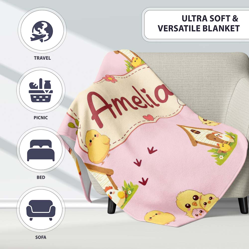 Cute Baby Chick Hen Coop Farm Blush Pink Background Seamless Personalised Custom Name Super Soft Fleece Blanket Bed Sofa Throw