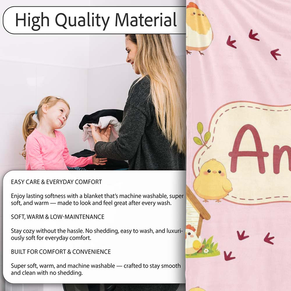 Cute Baby Chick Hen Coop Farm Blush Pink Background Seamless Personalised Custom Name Super Soft Fleece Blanket Bed Sofa Throw