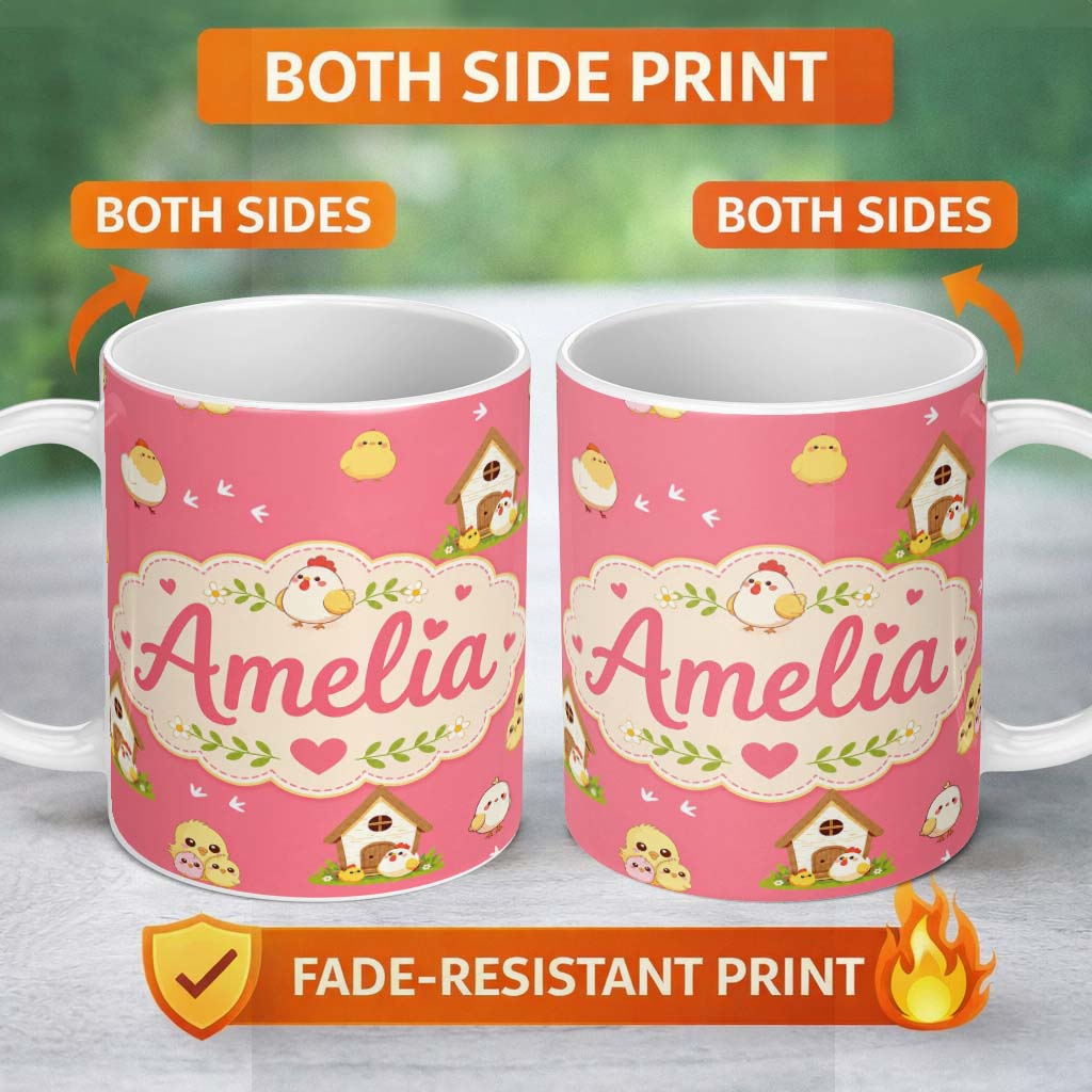 Personalized Custom Name Cute Baby Chick Hen Coop Farm Coral Background Seamless Pattern Name 11oz Ceramic Coffee Tea Mug White Large Handle