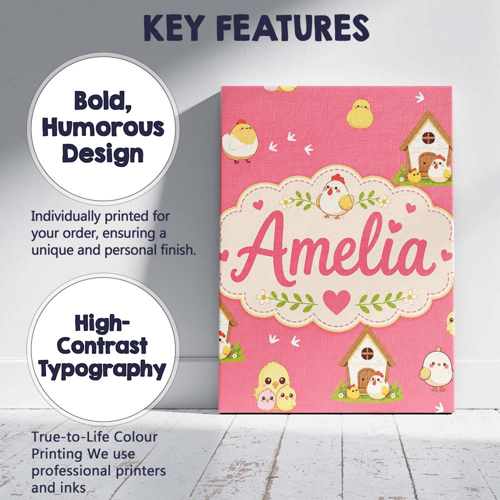 Personalised Name Cute Baby Chick Hen Coop Custom Unique Gift Idea Elegant Feature Canvas Wall Art Print Decor Picture Ready to Hang