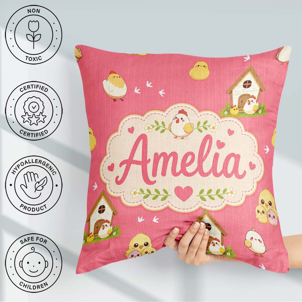 Custom Name Baby Chick Hen Coop Farm Coral Seamless Pattern Name Square Filled Cushion Throw Pillow Sofa Bed Home Decor Zip Washable UK Made