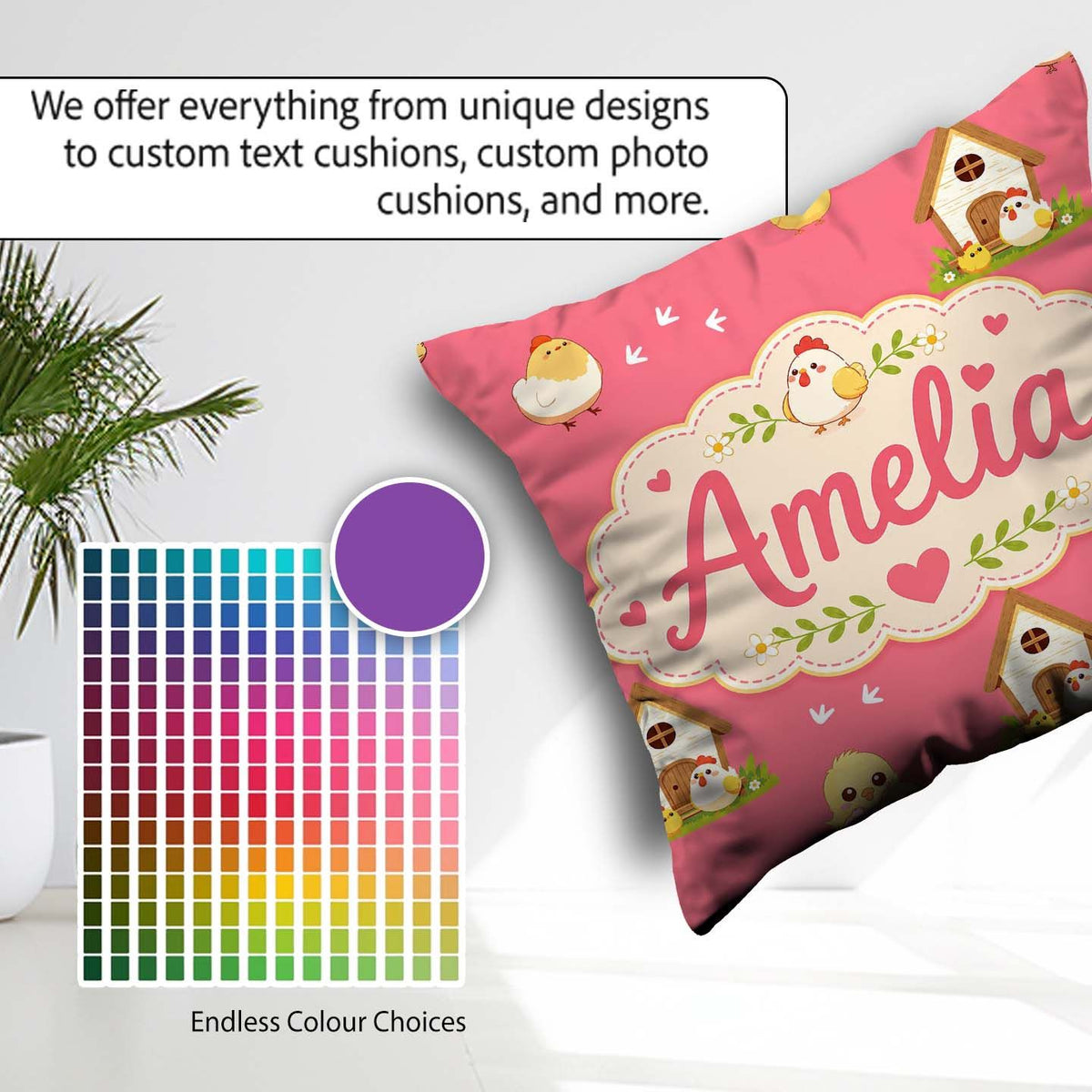 Custom Name Baby Chick Hen Coop Farm Coral Seamless Pattern Name Square Filled Cushion Throw Pillow Sofa Bed Home Decor Zip Washable UK Made