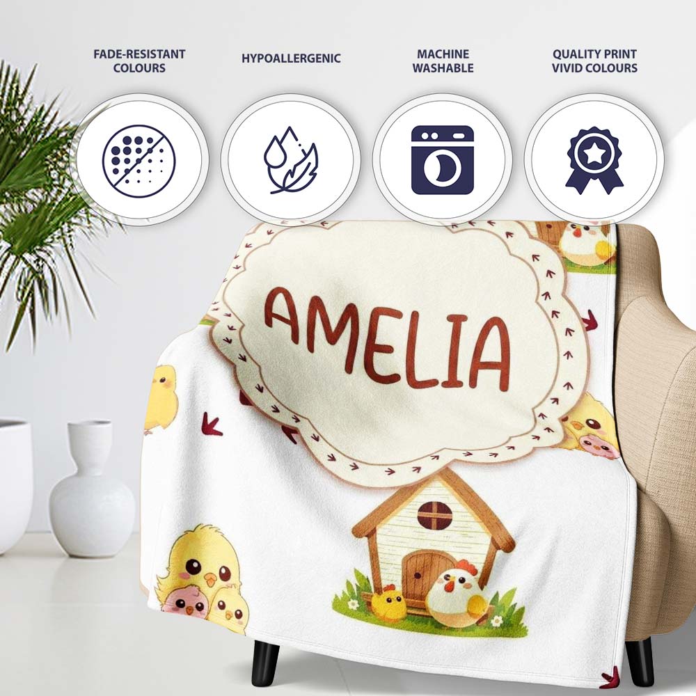 Cute Baby Chick Hen Coop Farm Light Grey Background Seamless Personalised Custom Name Super Soft Fleece Blanket Bed Sofa Throw