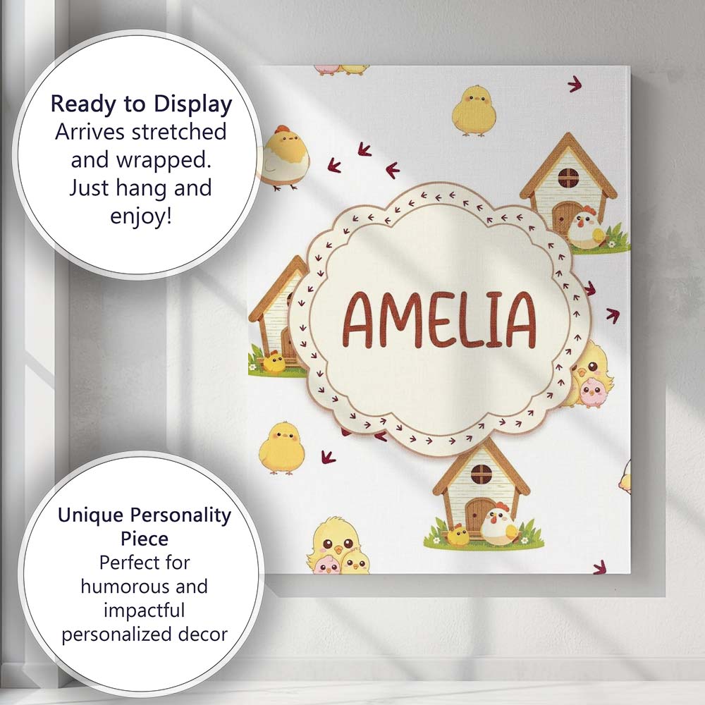 Personalised Name Cute Baby Chick Hen Coop Custom Unique Gift Idea Elegant Feature Canvas Wall Art Print Decor Picture Ready to Hang