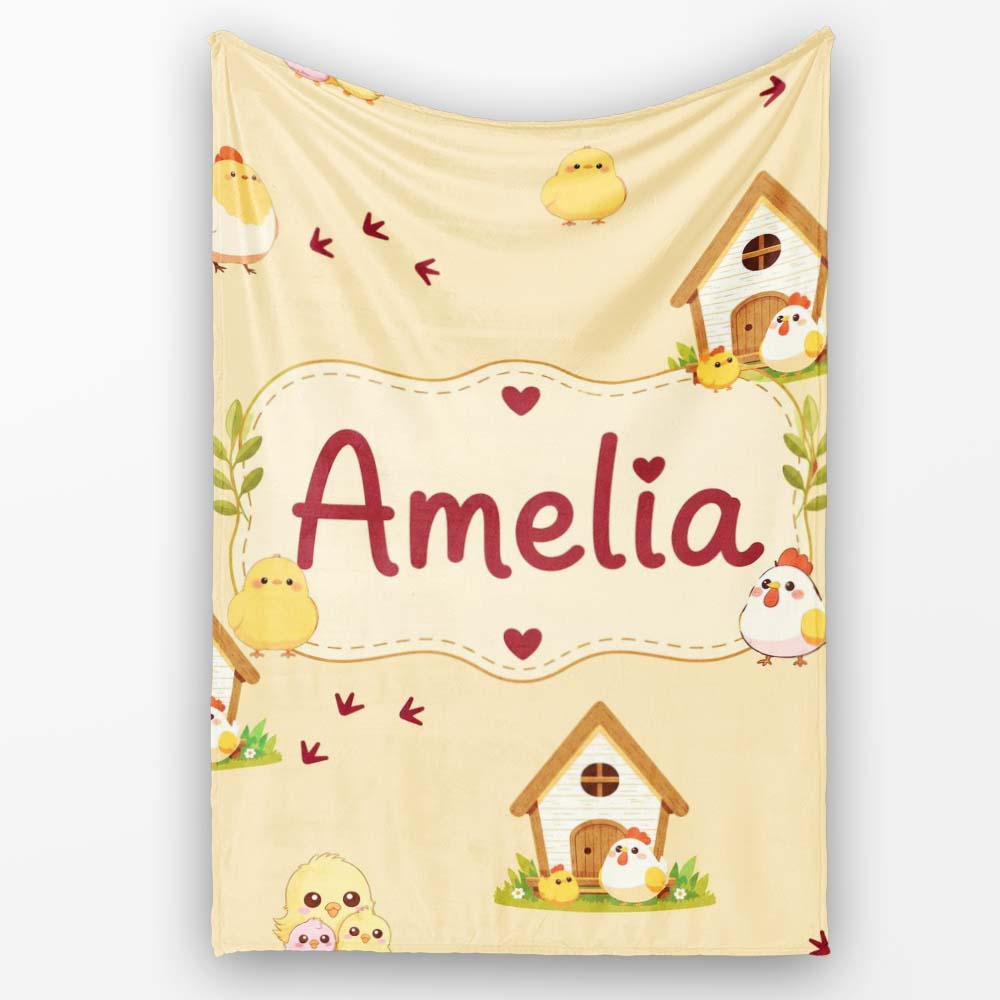 Cute Chicken Family Farmhouse Seamless Pattern Name Unique Gift Personalised Custom Name Super Soft Fleece Blanket Bed Sofa Throw