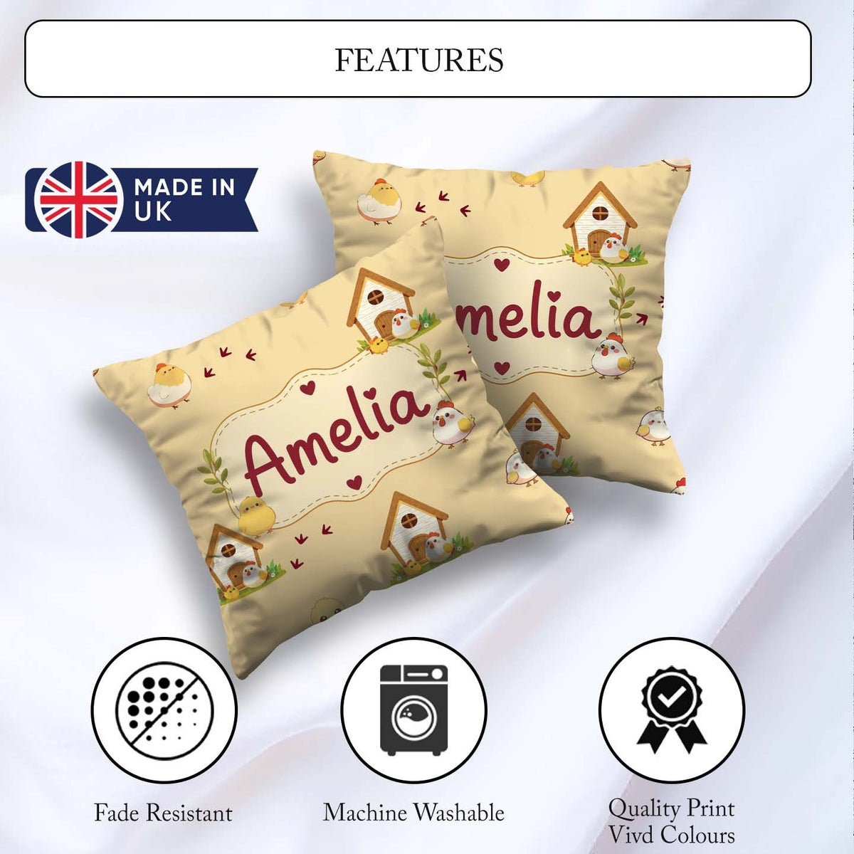 Custom Name Cute Chicken Family Farmhouse Seamless Pattern Name Square Filled Cushion Throw Pillow Sofa Bed Home Decor Zip Washable UK Made