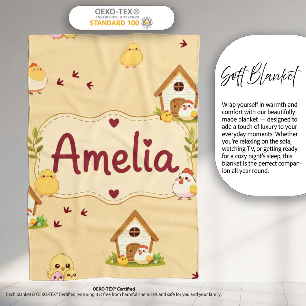 Cute Chicken Family Farmhouse Seamless Pattern Name Unique Gift Personalised Custom Name Super Soft Fleece Blanket Bed Sofa Throw