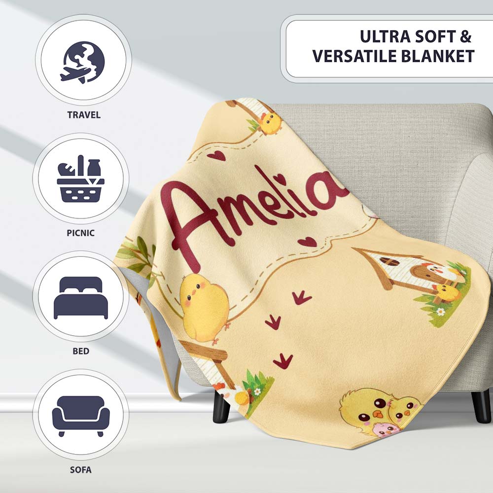 Cute Chicken Family Farmhouse Seamless Pattern Name Unique Gift Personalised Custom Name Super Soft Fleece Blanket Bed Sofa Throw