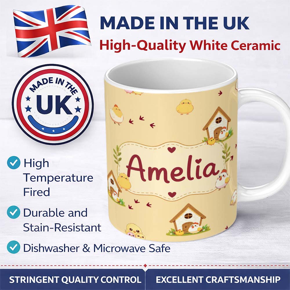 Personalized Custom Name Cute Chicken Family Farmhouse Seamless Pattern Name Unique Gift 11oz Ceramic Coffee Tea Mug White Large Handle