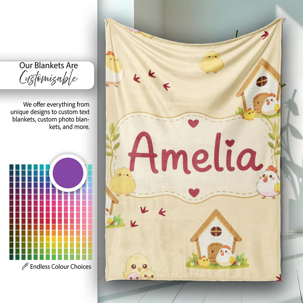 Cute Chicken Family Farmhouse Seamless Pattern Name Unique Gift Personalised Custom Name Super Soft Fleece Blanket Bed Sofa Throw