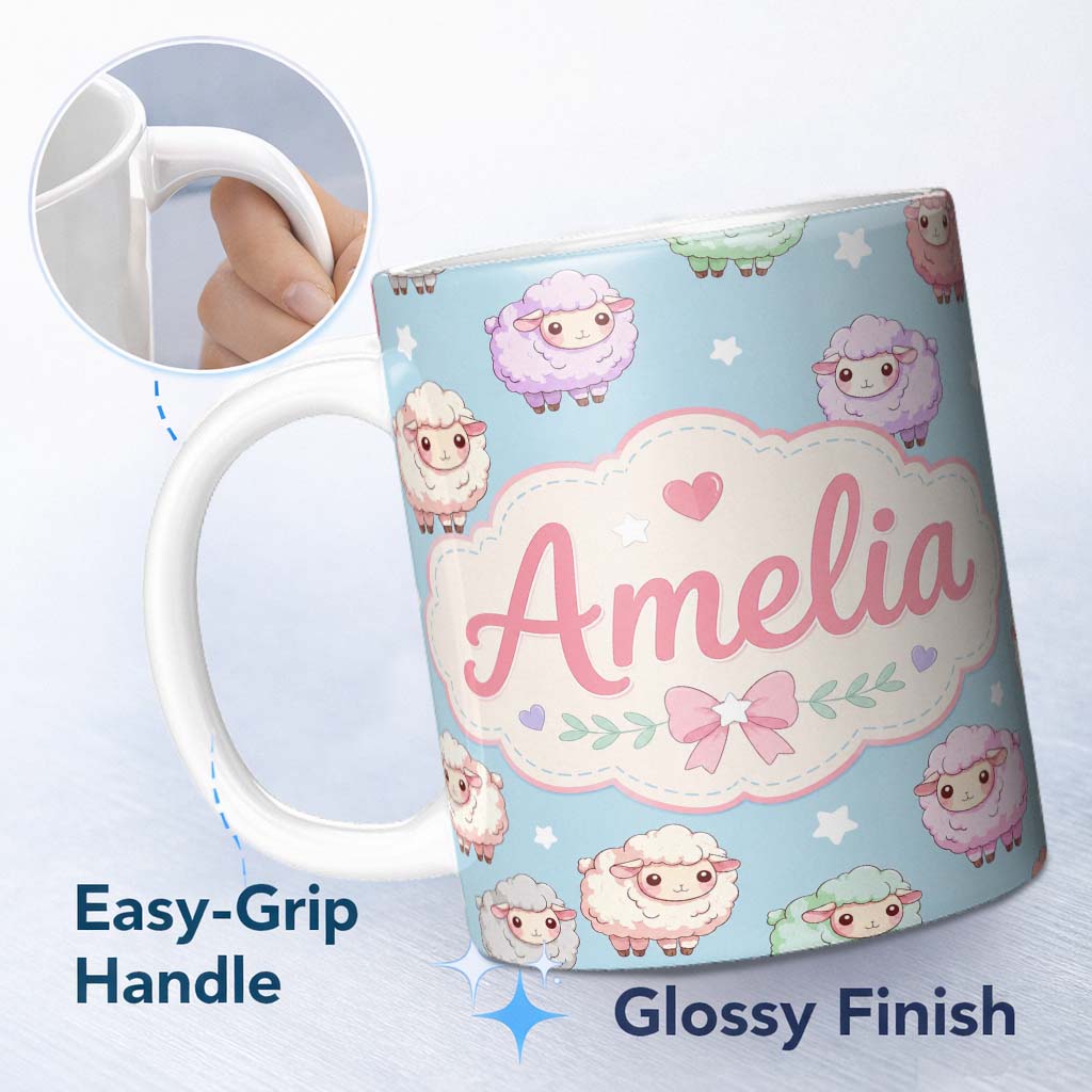 Personalized Custom Name Cute Pastel Sheep Stars Blue Background Seamless Pattern Name 11oz Ceramic Coffee Tea Mug White Large Handle
