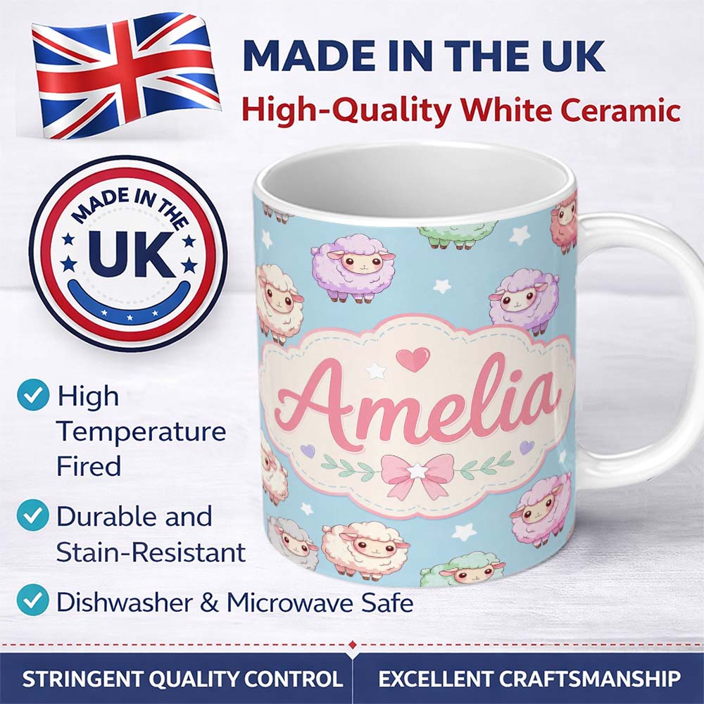 Personalized Custom Name Cute Pastel Sheep Stars Blue Background Seamless Pattern Name 11oz Ceramic Coffee Tea Mug White Large Handle
