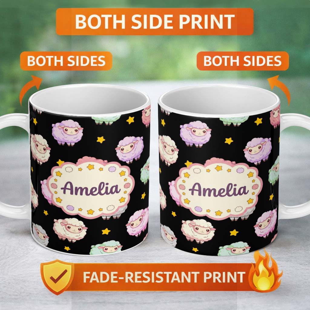 Personalized Custom Name Cute Pastel Sheep Stars Black Background Seamless Pattern Name 11oz Ceramic Coffee Tea Mug White Large Handle