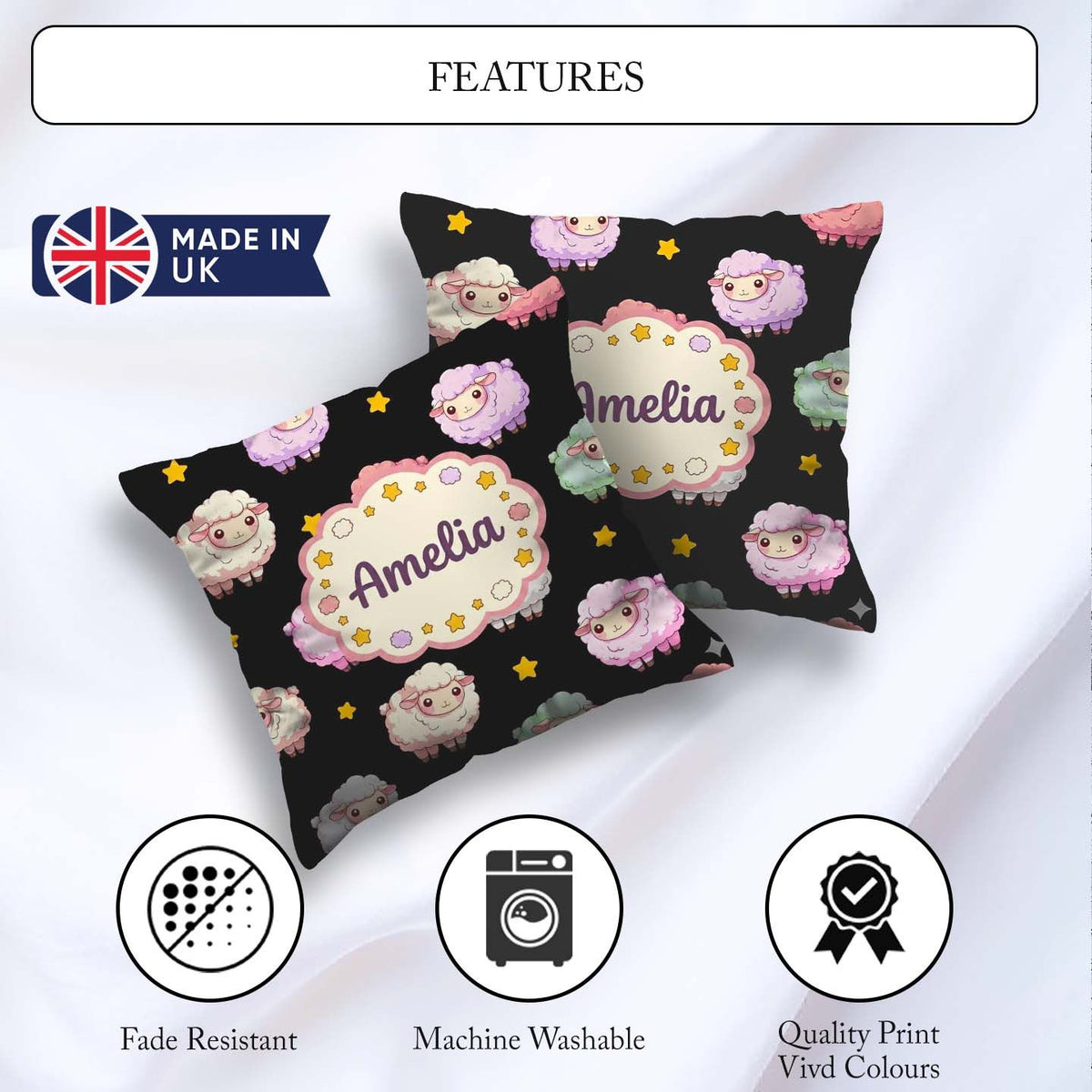 Custom Name Cute Pastel Sheep Stars Black Seamless Pattern Name Square Filled Cushion Throw Pillow Sofa Bed Home Decor Zip Washable UK Made