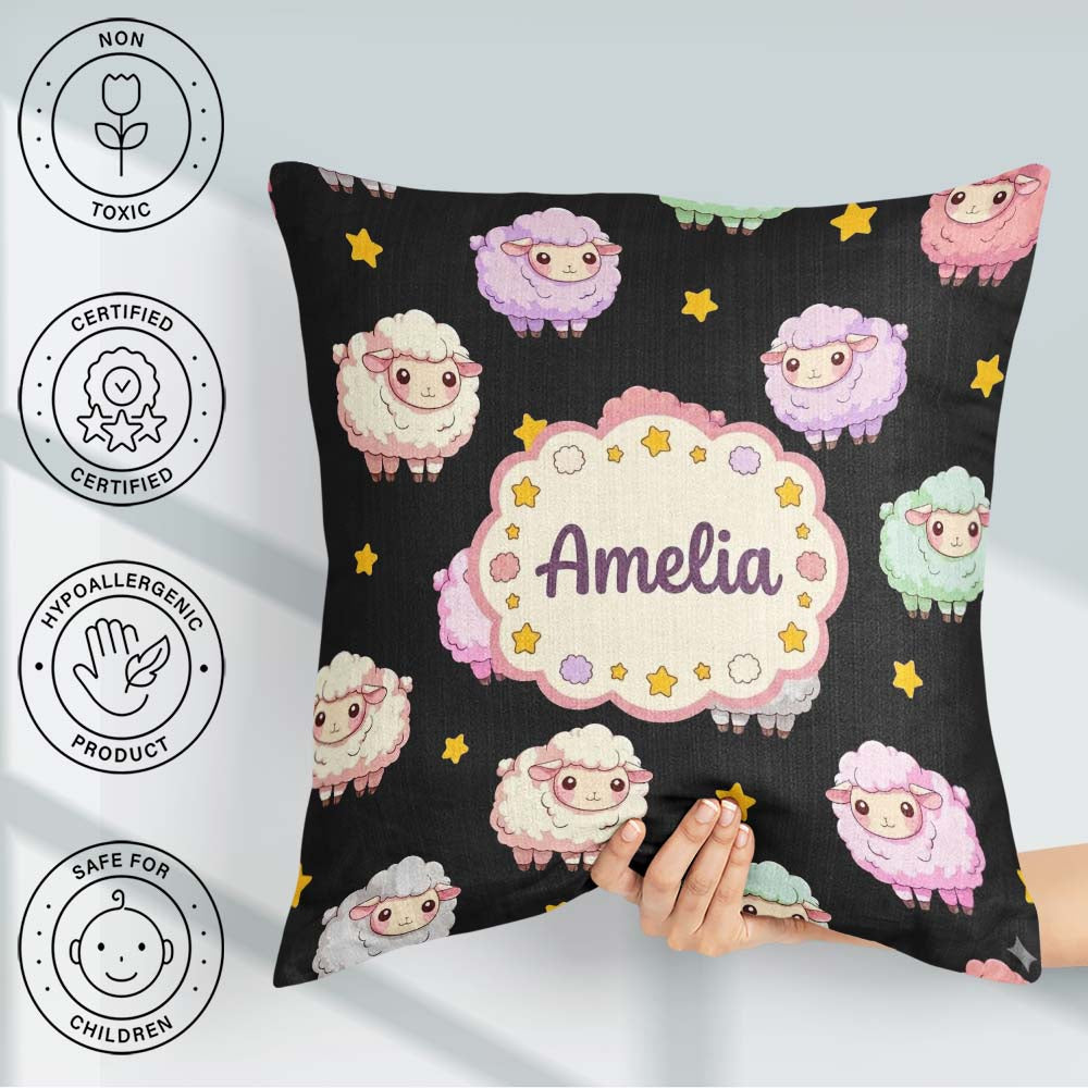 Custom Name Cute Pastel Sheep Stars Black Seamless Pattern Name Square Filled Cushion Throw Pillow Sofa Bed Home Decor Zip Washable UK Made