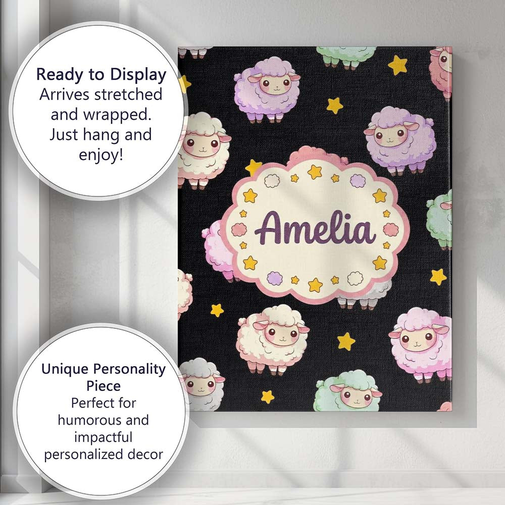Personalised Name Cute Pastel Sheep Stars Custom Unique Gift Idea Elegant Feature Canvas Wall Art Print Decor Picture Ready to Hang