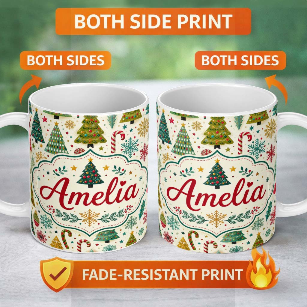 Personalized Custom Name Vintage Style Christmas Trees Snowflakes Candy Cane Seamless Pattern 11oz Ceramic Coffee Tea Mug White Large Handle