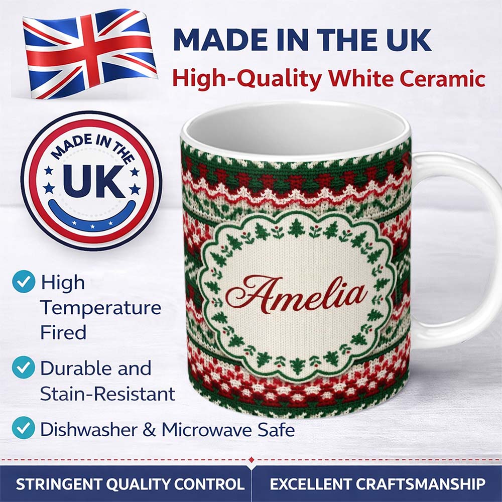 Personalized Custom Name Festive Knitted Fair Isle Christmas Pattern Seamless Lovely 11oz Ceramic Coffee Tea Mug White Large Handle