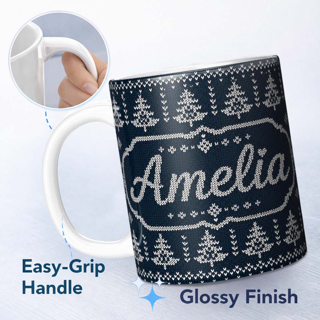 Personalized Custom Name Navy Blue Christmas Tree Heart Knitted Seamless Pattern Lovely 11oz Ceramic Coffee Tea Mug White Large Handle
