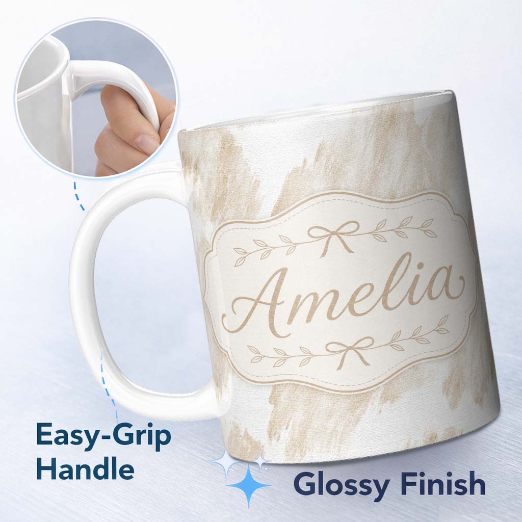 Personalized Custom Name Abstract Beige Brush Stroke Pattern with Soft Canvas Texture Lovely 11oz Ceramic Coffee Tea Mug White Large Handle
