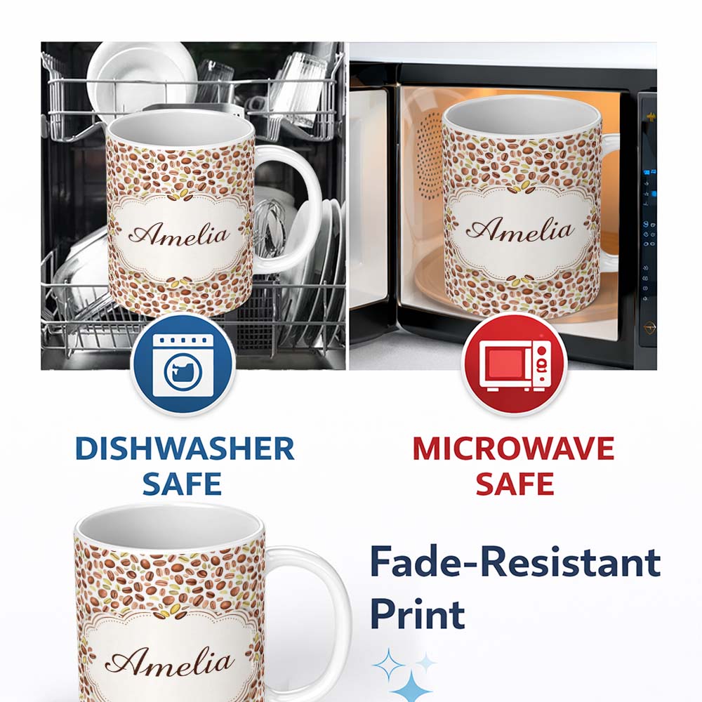 Personalized Custom Name Watercolor Coffee Beans Mixed Seeds Seamless Pattern Lovely 11oz Ceramic Coffee Tea Mug White Large Handle