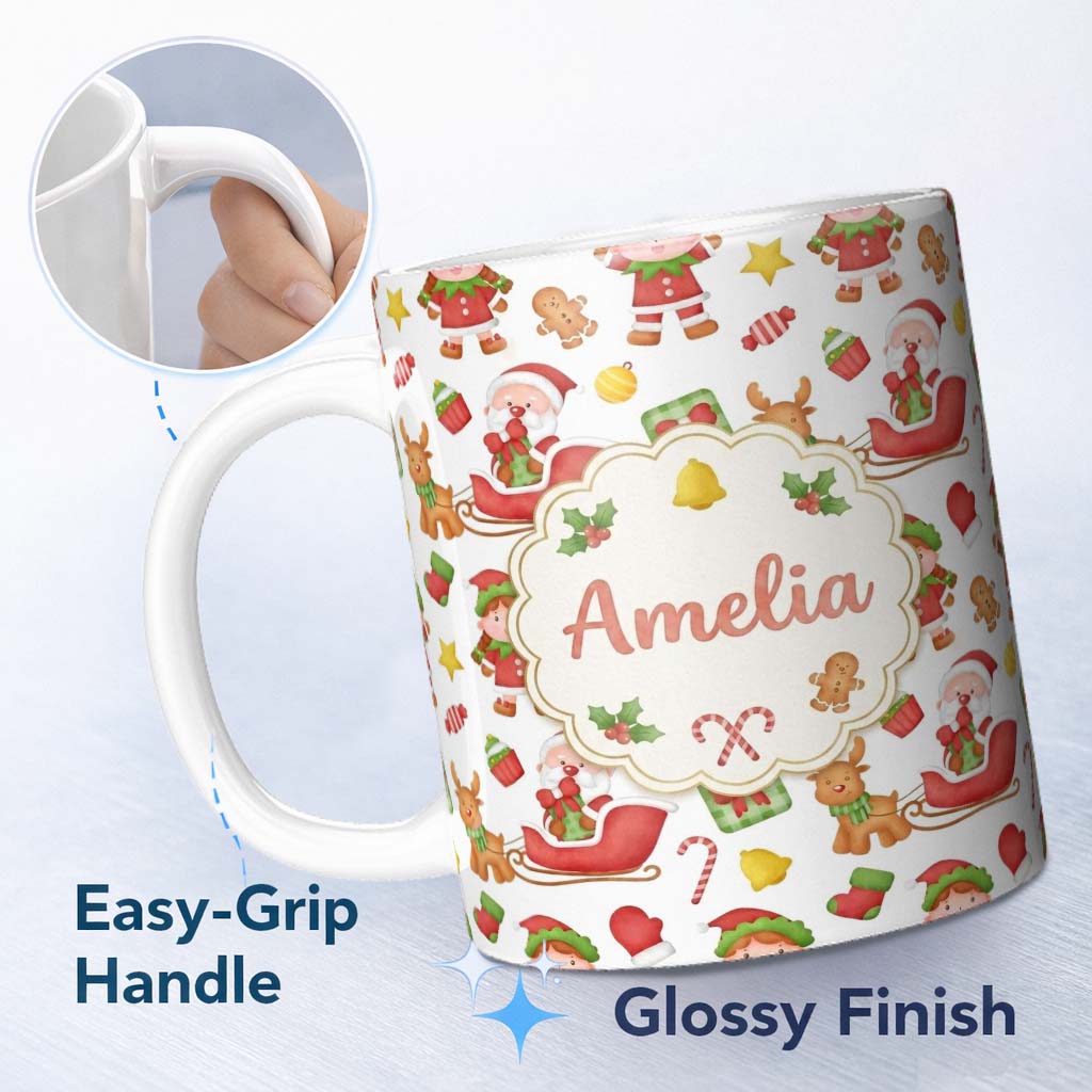 Personalized Custom Name Cute Santa Sleigh Reindeer Elf Christmas Seamless Pattern Lovely 11oz Ceramic Coffee Tea Mug White Large Handle