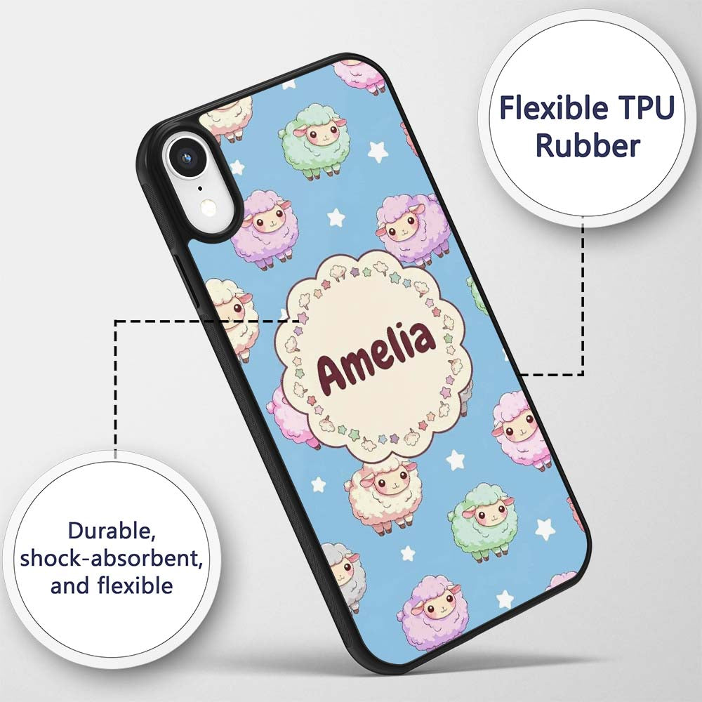 Cute Pastel Sheep Stars Blue Sky Seamless Pattern Custom Name Protective Phone Case Mobile Cover Durable Everyday Smartphone Shock Resistant