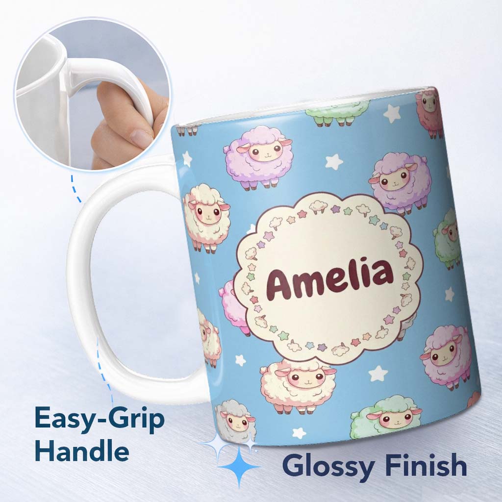 Personalized Custom Name Cute Pastel Sheep Stars Blue Sky Seamless Pattern Name Unique Gift 11oz Ceramic Coffee Tea Mug White Large Handle