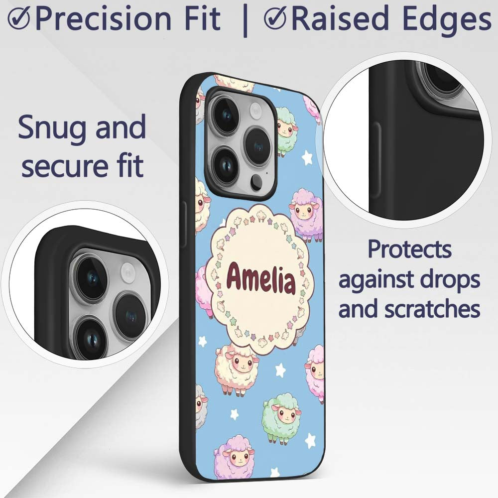 Cute Pastel Sheep Stars Blue Sky Seamless Pattern Custom Name Protective Phone Case Mobile Cover Durable Everyday Smartphone Shock Resistant