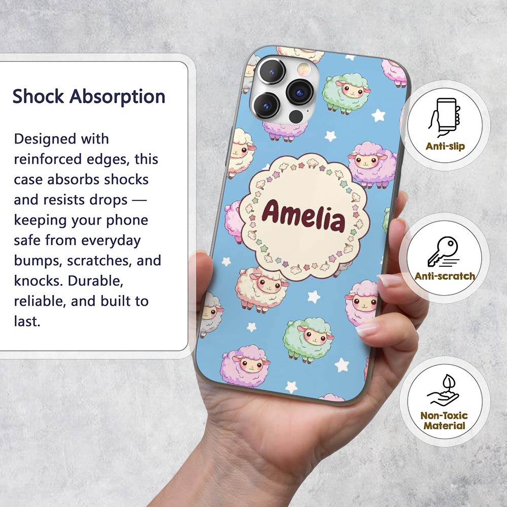 Cute Pastel Sheep Stars Blue Sky Seamless Pattern Custom Name Protective Phone Case Mobile Cover Durable Everyday Smartphone Shock Resistant