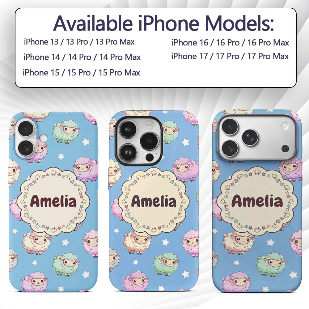 Cute Pastel Sheep Stars Blue Sky Seamless Pattern Custom Name Protective Phone Case Mobile Cover Durable Everyday Smartphone Shock Resistant