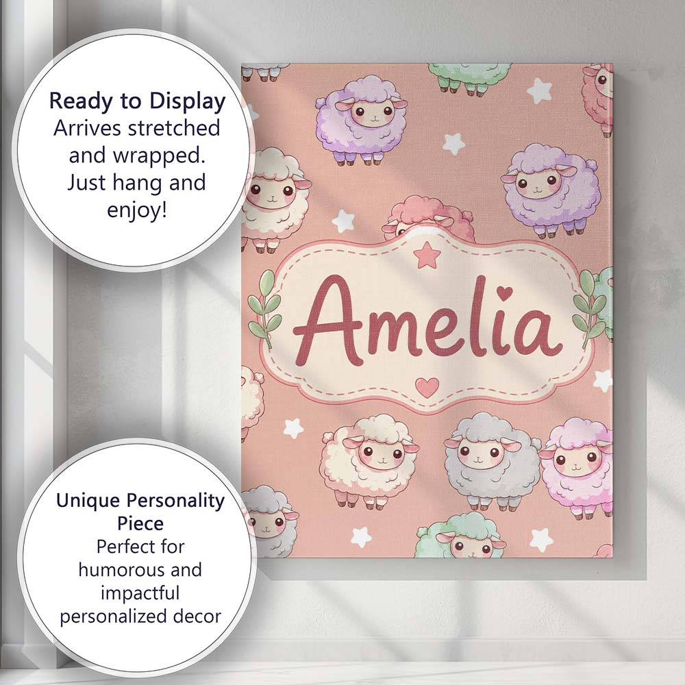 Personalised Name Cute Pastel Sheep Stars Custom Unique Gift Idea Elegant Feature Canvas Wall Art Print Decor Picture Ready to Hang
