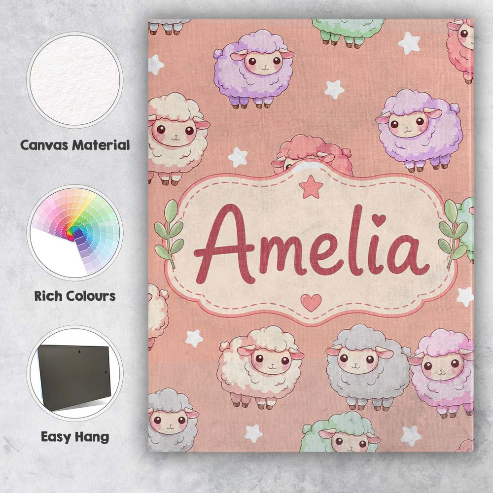 Personalised Name Cute Pastel Sheep Stars Custom Unique Gift Idea Elegant Feature Canvas Wall Art Print Decor Picture Ready to Hang
