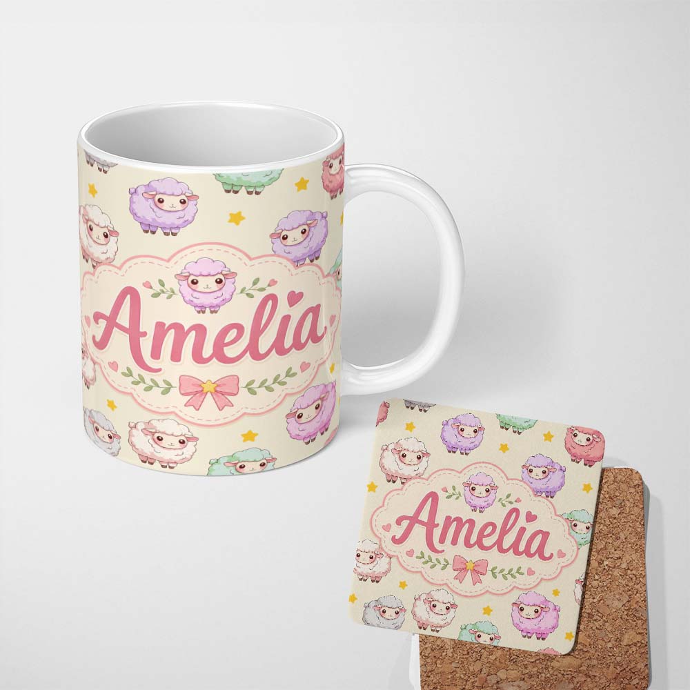 Personalized Custom Name Cute Pastel Sheep Stars Cream Background Seamless Pattern Name 11oz Ceramic Coffee Tea Mug White Large Handle